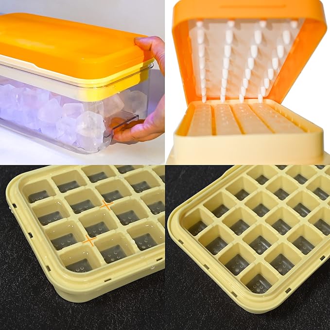 Ice Cube Tray, Press Type Ice Cube Maker, Ice Cube Trays with Lid and Storage, Yellow Ice Cube Moulds, 64 Pcs Ice Cubes, Easy Press to Release Ice, BPA Free, with Cover 2 Trays 1 Ice Bucket & Scoop