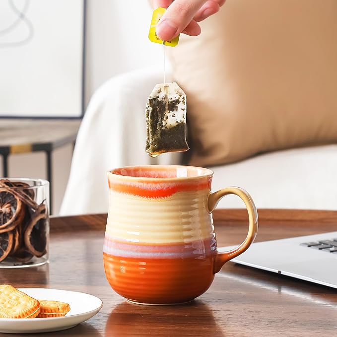 21 oz Large Ceramic Coffee Mugs, Pottery Mug Handmade, Ceramic Tea Cups with Handle for Office and Home, Dishwasher and Microwave Safe (Orange)