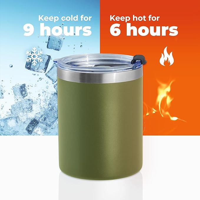 MEWAY 12 oz Lowball, Tumbler Stainless Steel Double Wall Vacuum Insulated Mug with Straw and Lid, Cleaning Brush ，Durable Powder Coated Insulated Coffee Cup for Cold & Hot Drinks (Army Green,4 pack)