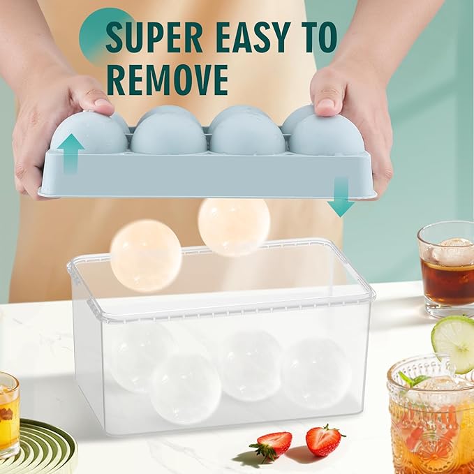 WIBIMEN Large Ice Cube Molds, Big Round Whiskey Ice Cube Trays for Freezer, Easy to Fill & Release, Whiskey Bourbon Cocktail(2.5In*8 Balls- Blue/2 Pack)