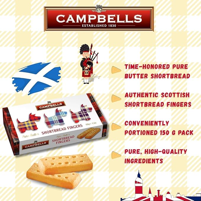 Campbells Shortbread Fingers Tartan Dog Carton 5.3 Oz (Pack of 3) - Pure Butter Scottish Shortbread Cookies from Scotland, British Tea Biscuits & Snacks, Crumbly All-Butter Fingers, Cookie Gift Box
