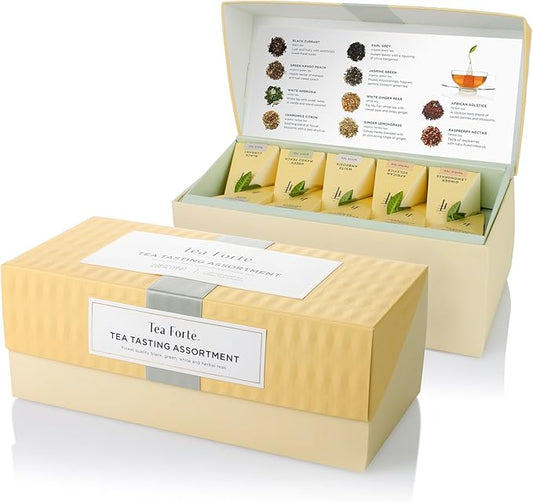 Tea Forté TEA TASTING ASSORTMENT Presentation Box Tea Sampler, Assorted Variety Tea Box, 20 Handcrafted Pyramid Tea Infuser Bags – Black Tea, White Tea, Green Tea, Herbal Tea