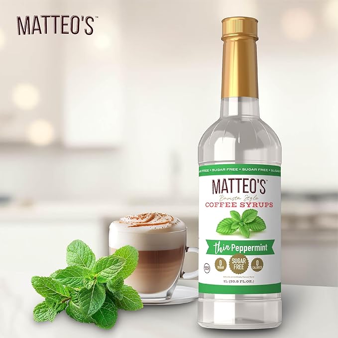 Matteo's Peppermint Syrup for Coffee, Lattes, Cappuccinos & Desserts – Sugar-Free Sweetener for Beverages, Keto Friendly, Zero Calories, Indulgent Flavor, Non-Alcoholic, Ideal for Coffee 33.8oz (6pk)