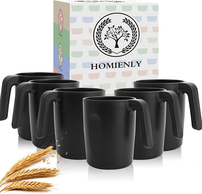 Homienly Wheat Straw Coffee Mugs 6 PCS, Alternative to Plastic Mugs with Handles, Unbreakable Coffee Mugs, Reusable Camping Mug Drinking Cups Set, Microwave and Dishwasher Safe Cups for Kitchen(Black)