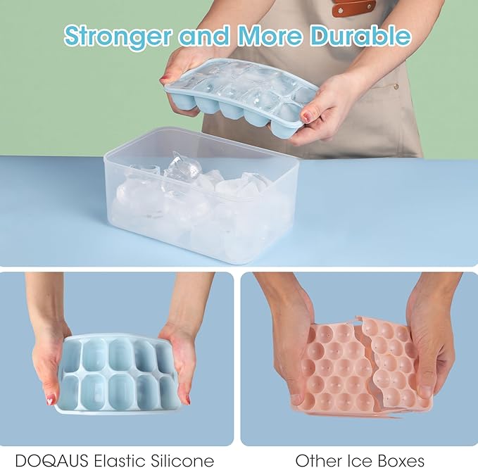DOQAUS Ice Cube Tray with Lid and Bin - 4 Pack Silicone Ice Cube Trays for Freezer, Stackable Ice Bucket Kits with Storage Container & Scoop for Kitchen, RV, Cocktail, Coffee