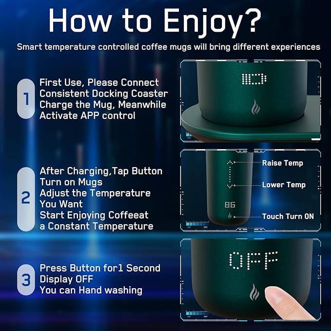 Temperature Control Heated Coffee Mug Smart Self Heating Travel Mug 12 Oz App Controlled Warmer Mug 4-10 Hour LED Display Keep Coffee Hot All Day Fast Wireless Charger Base Jade Green