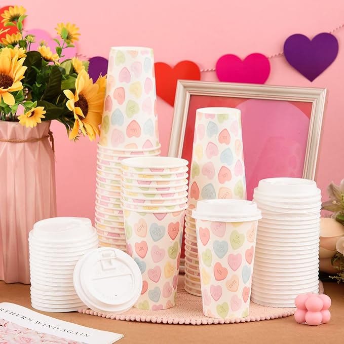 FOBSME 50 Pcs Valentine Disposable Coffee Cups With Lids 16oz Conversation Heart Paper Cups Colorful Valentine Party Drinking Cups for Wedding Anniversary Party Supplies