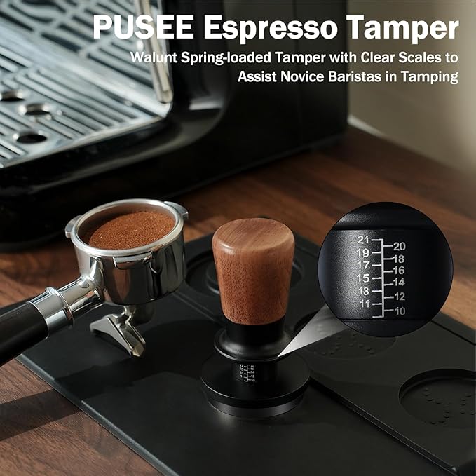 PUSEE 53.3mm Espresso Tamper,Calibrated Tamper with 30lbs Double Spring Loaded Tamper Walnut Wood Coffee Tamper for Barista Home,Titanium PVD Coating Base Tamper Espresso Tool Fits 54mm Portafilters