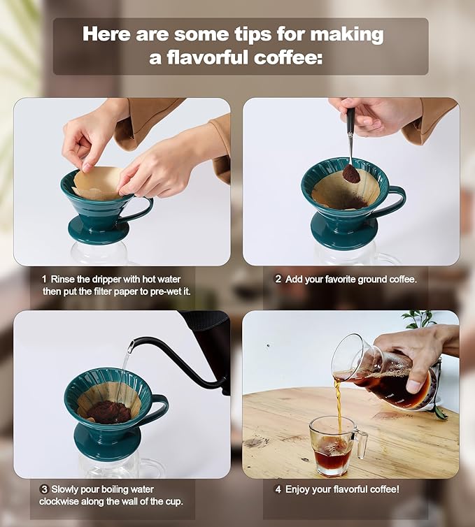 Pour Over Coffee Dripper - Ceramic Pour Over Coffee Maker Cone, Porcelain Coffee Drip, Pour Over Single Cup, Manual Brew Maker for Home, Cafe, Office - 1-4Cup, V60 Size 02 (Lake blue)