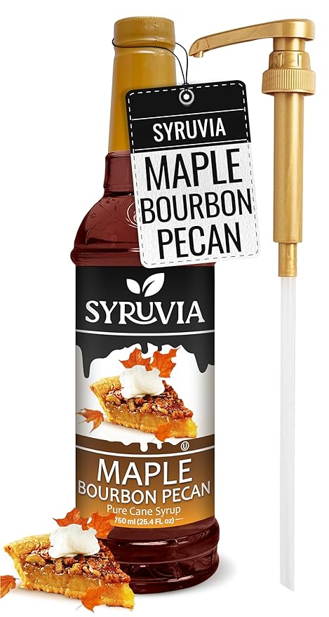 Syruvia Coffee Syrup, Maple Bourbon Pecan Flavored Syrup for Drinks, Lattes, and Desserts – 25.4 fl oz, With Pump