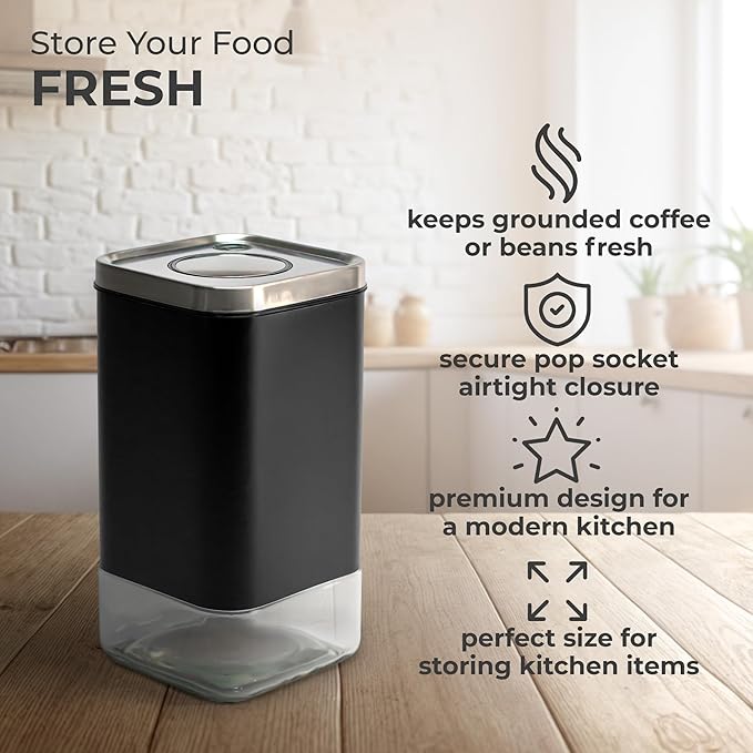 Kaffe Glass Coffee Canister (12oz) w/Airtight Lid - Click to Release Seal - BPA Free Glass & Stainless Steel - Elegant Kitchen Storage Container for Coffee, Nuts, Rice, Flour, Sugar, Tea, Cereal