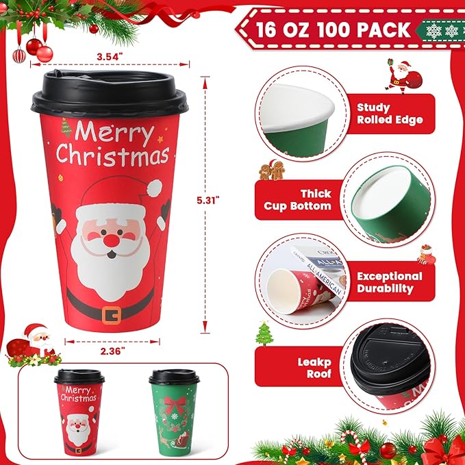 Lamosi Christmas Cups, 100 Pack 16 oz Christmas Disposable Coffee Cups with Lids, To Go Coffee Cups with Lids for Hot/Cold Beverage Drinking Xmas Holiday Party