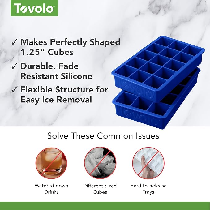 Tovolo Silicone Ice Cube Tray Stratus Blue Pack of 2 BPA Free Ice Tray Mold for Coffee Drinks Cocktails, Dishwasher Safe Easy Release Perfect 1 Inch Cube Ice Tray for Whiskey Bourbon Spirits