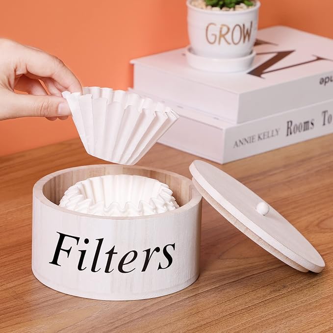 Chunful Coffee Filter Container Wooden Coffee Filter Storage Holder with Lid Farmhouse Bar Accessories Rustic Station Organizer for Storing Various Papers Tea Bags Beans, White