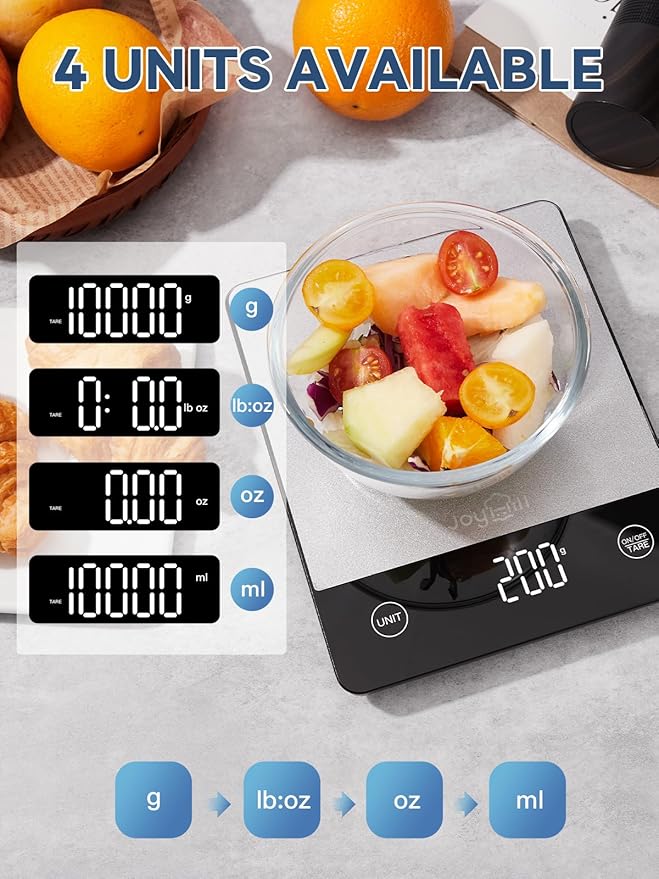JOYHILL Food Scale, 22lb Digital Kitchen Scale Food Ounces and Grams for Weight Loss, Baking and Cooking, Premium Stainless Steel Food Weight Scale with LED Display, Batteries Included, Silver