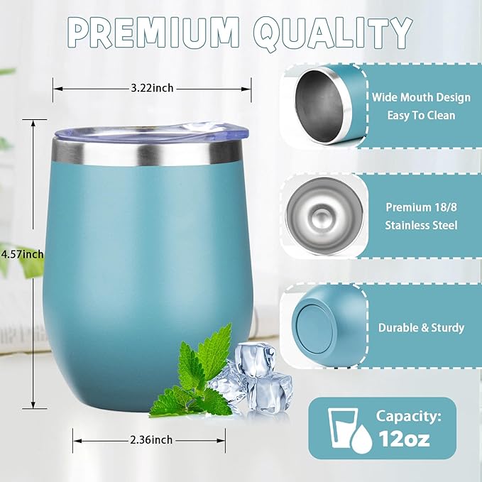 12oz/6 Pack Stainless Steel Wine Tumbler with Lid and Straw, Double Wall Vacuum Insulated Wine Tumbler Glasses, Stemless Travel Mugs for Hot and Cold Drinks, Coffee, Wine, Cocktails