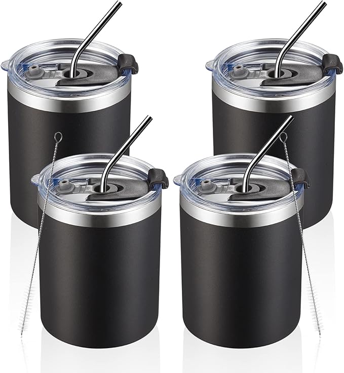 MEWAY 12 oz Lowball, Tumbler Stainless Steel Double Wall Vacuum Insulated Mug with Straw and Lid, Cleaning Brush ，Durable Powder Coated Insulated Coffee Cup for Cold & Hot Drinks (Black,4 pack)