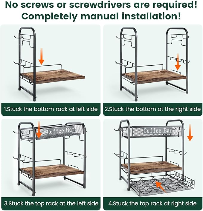 Coffee Bar Organizer, Station Mug Holder for Countertop, Multi-Functional 3 Tier Coffee Cup Tree Rack for Kitchen, Storage Shelf with 10 Hooks, Vertuo Pods Drawer for Home Office