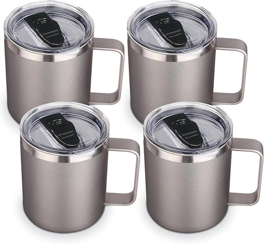 Volhoply 14oz Insulated Stainless Steel Coffee Mug with Lid Bulk 4 Pack,Double Wall Vacuum Travel Coffee Cup with Handle,Reusable Cups Tumbler Cup,Camping Mugs Keep Hot,Ideal Gifts(Gray,4 Set)