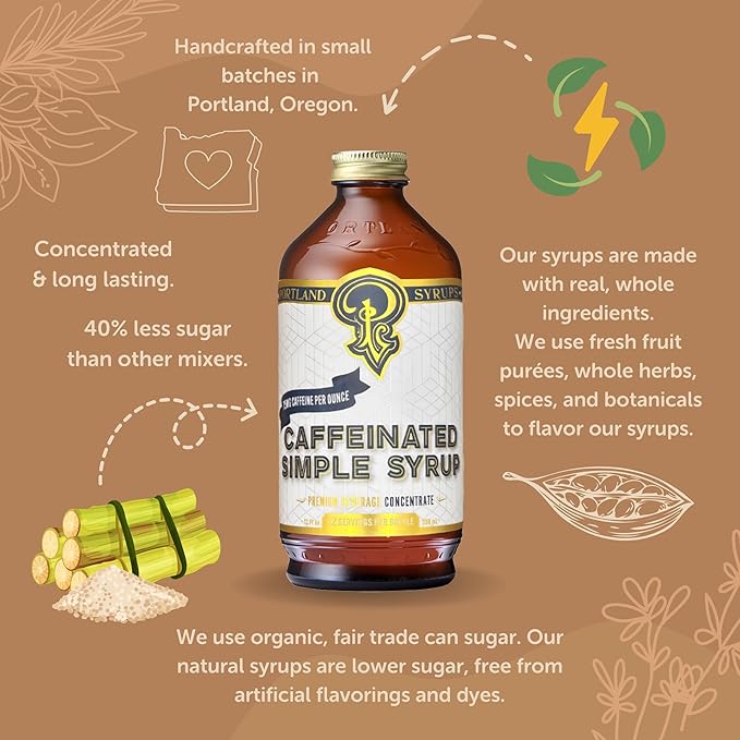 Portland Syrups - Caffeinated Simple Syrup - Premium Beverage Concentrate for a Boost of Clean Energy - Add to Soda, Cocktails, Tea, Coffee Drinks, and More - 12 oz with 24 Servings (Pack of 2)