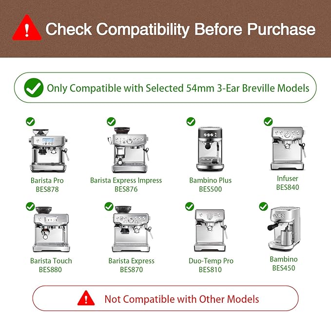 54mm Bottomless Portafilter with Puck Screen, 3 Ears Stainless Steel Head, Compatible with Breville Barista Pro, Barista Express Impress, Bambino Plus, Infuser, Barista Touch, Duo-Temp Pro, Bambino