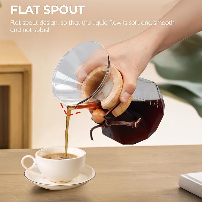 Pour Over Coffee Maker 1000ml with 304 Stainless Steel Filter and Wooden Collar Holder Borosilicate Glass Drip Coffeemaker Server Set Clear Hand Brew Dripper Carafe for Home Camping Travel 33.8oz