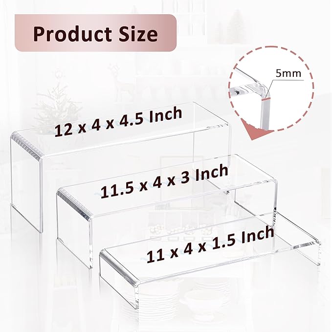1 Set Large Acrylic Clear Display Risers, 3 Sizes 12" Rectangular Showcase Collectibles Display Shelf, 5 mm Thick Desktop Display Stand Holder for Figures, Jewelry, Perfume, Toys