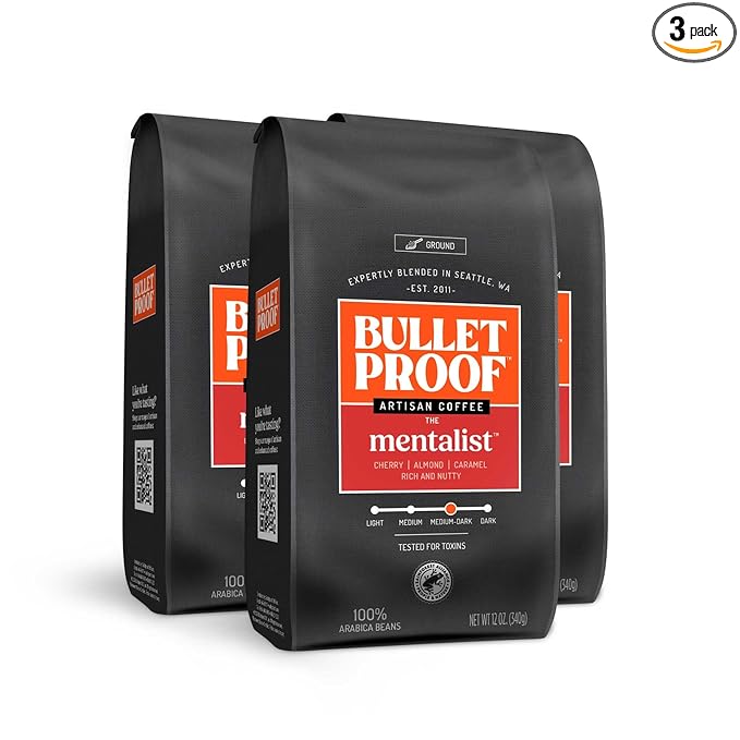 Bulletproof The Mentalist Medium-Dark Roast Ground Coffee, 12 Ounces (Pack of 3), 100% Arabica Beans, Clean Coffee Tested for Toxins, Packaging May Vary