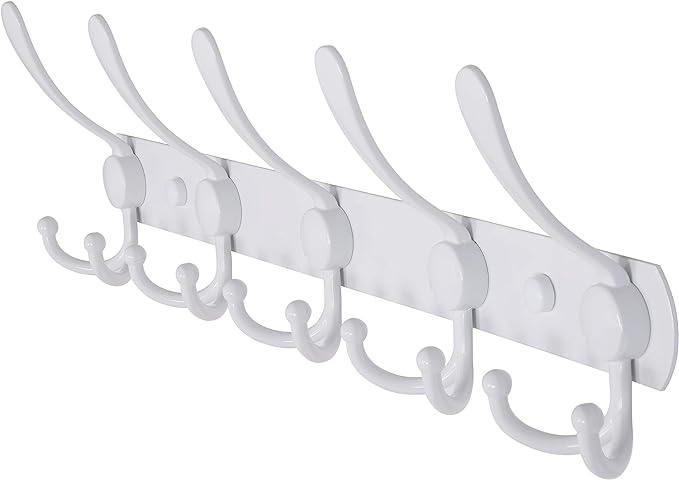 Dseap Wall Mounted Coat Rack - 5 Tri Hooks, Heavy Duty, Stainless Steel, Metal Coat Hook Rail for Coat Hat Towel Purse Robes Mudroom Bathroom Entryway,White