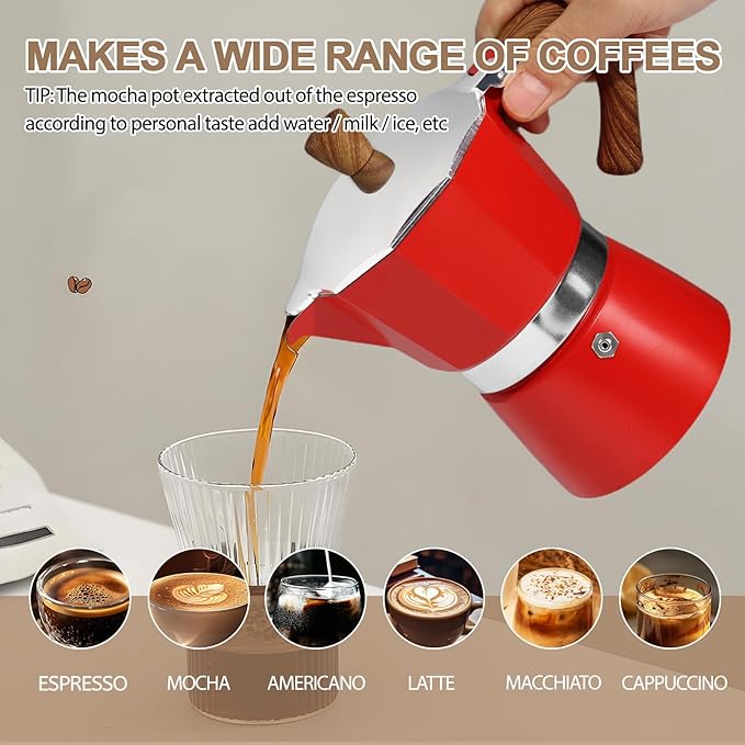 Aluminum 6 Cup 300ml Moka Pot Express Coffee Maker Stovetop Espresso Colorful Coffeemaker Italian Classic Style Brewing Greca Cafe Mocha Machine for Cafeteras Lover Camping Travel and Home Use 10oz