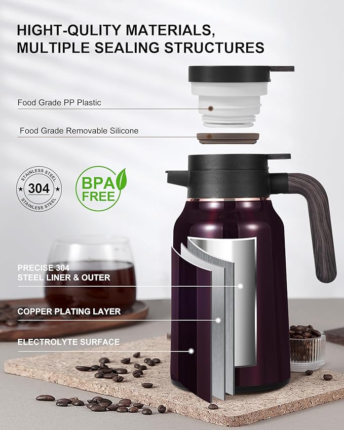 51 Oz Carafes for Hot Liquid, Stainless Steel Insulated Vacuum Thermal Coffee Carafes For Keeping Hot, 1.5 Liter Coffee Dispenser(Angola Red)