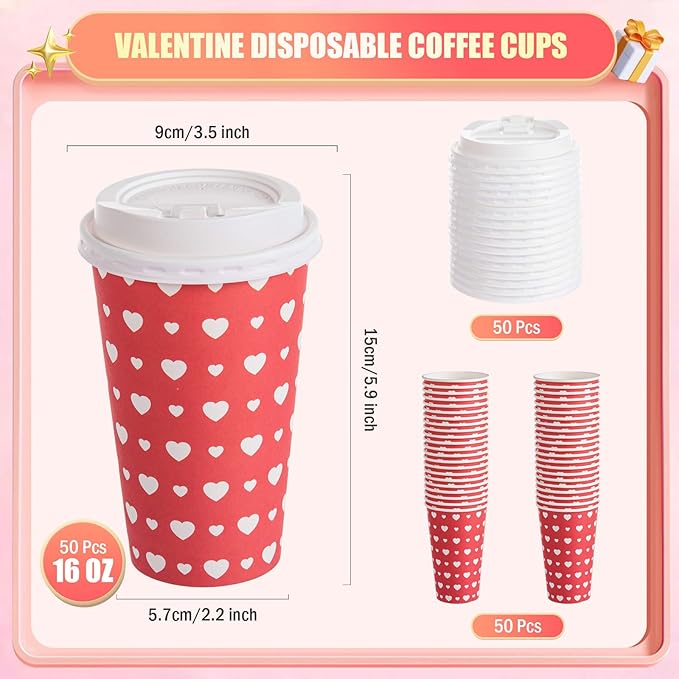 FOBSME 50 Pcs Valentine Disposable Coffee Cups With Lids 16oz Red White Love Heart Paper Cups Valentine Party Drinking Cups for Wedding Anniversary Party Supplies