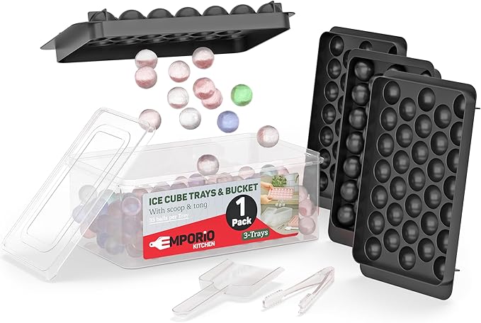 Round Ice Cube Tray Set Pack of 1, BPA-Free Stackable Trays with Lid & Tongs, 33 Ice Balls Per Tray for Whiskey, Drinks, and Cocktails, Quick Release Round Ice Cube Mold, Black