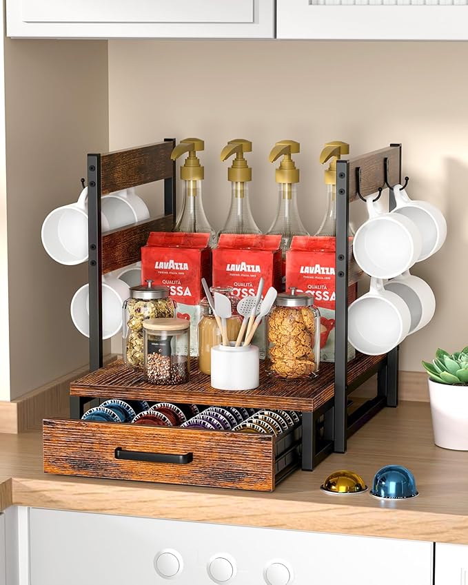 Evermagin Coffee Pod Holder, Vertuo Pod Holder Compatible with Nespresso, 28 Large or 56 Small Nespresso Capsule Organizer Drawer Station with Cup Rack, Rustic Brown