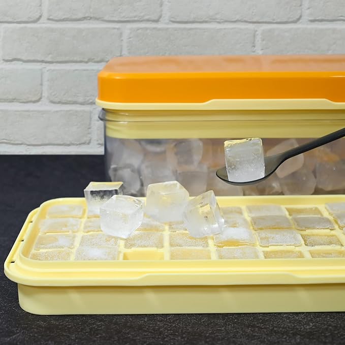 Ice Cube Tray, Press Type Ice Cube Maker, Ice Cube Trays with Lid and Storage, Yellow Ice Cube Moulds, 64 Pcs Ice Cubes, Easy Press to Release Ice, BPA Free, with Cover 2 Trays 1 Ice Bucket & Scoop