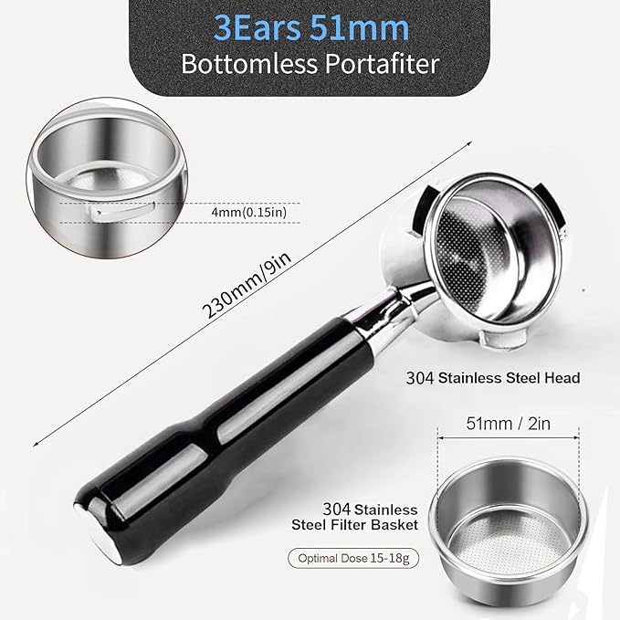 51mm Bottomless Portafilter & Puck Screen, 2 Ears Stainless Steel Head, with Stainless Steel Double Shot Capacity Cup Filter Basket Compatible for Delonghi ECP3420/ECP3120/EC155/BCO430/EC260