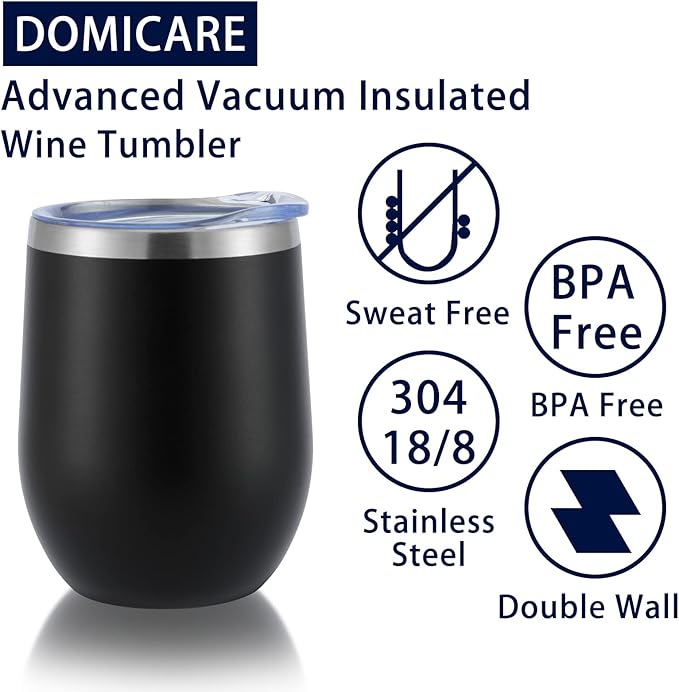 DOMICARE Stainless Steel Wine Tumbler Bulk with Lid, Personalized Insulated Tumblers Set, 12oz Travel Coffee Cups Pack of 1, Black