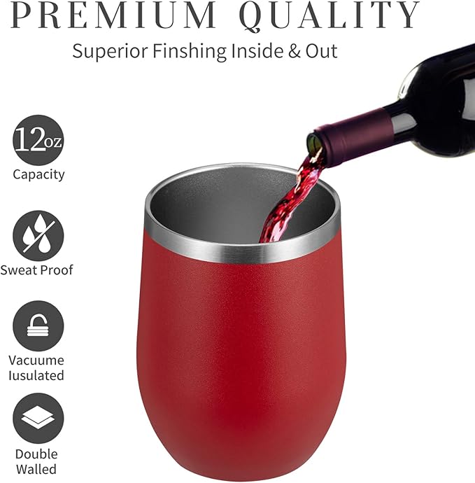 MEWAY 12oz Wine Tumbler 16 Pack Bulk Gifts for Women,Double Wall Vacuum Stainless Steel Travel Mug with Lid,Insulated Stemless Wine Cup Glass for Coffee,Cocktails,Drinks(Red,Set of 16)