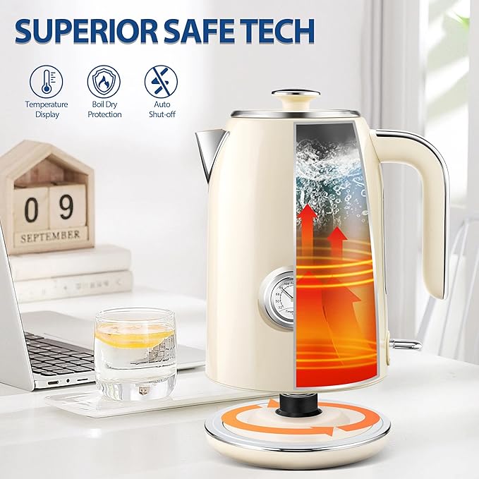 PUKOMC Electric Kettle, 1.7L Stainless Steel Tea Kettle with Temperature Gauge, 1500W Water Boiler with LED Light, BPA-Free, Auto Shut-Off and Boil-Dry Protection (Beige) Visit the Pukomc Store