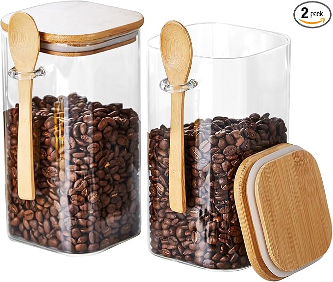 Glass Jars with Airtight Bamboo Lids and Spoons, 2PCS 1150ml/39oz Overnight Oats Containers with Lids, Glass Food Storage Containers for Coffee Beans, Flour, Sugar, Cookie, Pasta, Tea Leaf