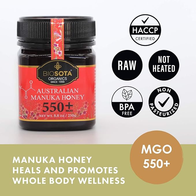 BIOSOTA Organic Manuka Honey MGO 550+ - Medical Grade Manuka Honey from Australia NPA/ULF 15+, 100% Raw Unheated Pure Honey, 8.8oz (550+) (MGO 550+)