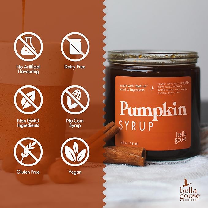 Bella Goose Pumpkin Syrup (16oz) - Homemade Pure Cane Sugar Syrup for Lattes, Matcha, Desserts & Ice Cream - Clean Ingredient - No Artificial Flavors, Dyes or Preservatives - Syrups for Coffee Drinks