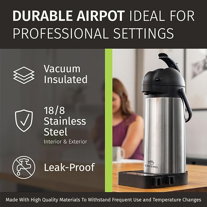 Airpot Coffee Dispenser with Pump & Tray - 102oz/3L Coffee Carafe with Pump - 12 Hours Hot Drink Dispenser for Parties - Stainless Steel Thermal Carafe for Hot Cocoa Bar -Easy-to-Use Insulated Pitcher