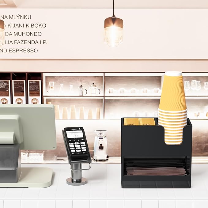 Coffee Condiment and Cup Organizer - 2-Tier Upright Cup and Lid Holder with Straw Organizer 3 Compartments Black Acrylic Cup Dispenser for Restaurant Breakroom Coffee Station Countertop