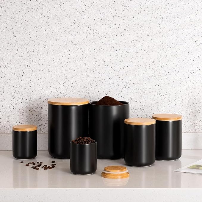 Yangbaga Black Canisters for Kitchen-Kitchen Canisters for Countertop with Airtight Wood Lids/Spoons/Stickers,Ceramic Kitchen Storage Containers for Large Flour,Suger,Coffee（32 OZ
