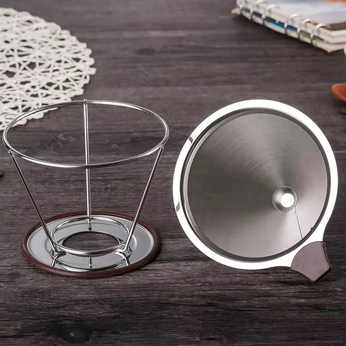 Pour Over Coffee Dripper - 304 Stainless Steel Filter, Paperless & Reusable Dual-Layer Metal with Base, 800 Mesh Steel Cone Filter, for 1-6 Cups Brew Coffee Maker