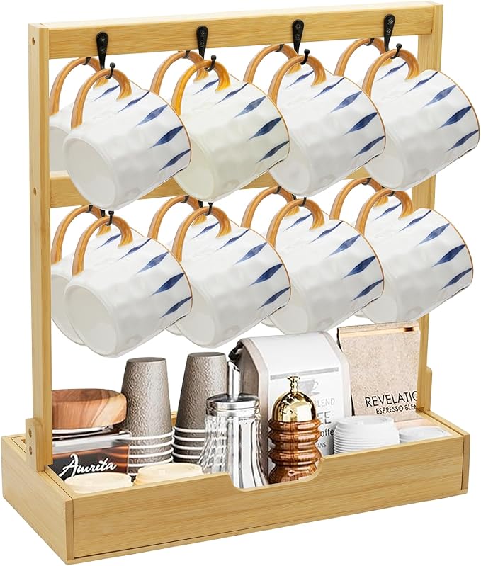 Coffee Mug Holder for Counter Top with 16 Hooks, 2 Tier Coffee Mugs Tree with Coffee Pod Drawer, Bamboo Countertop Mug Rack Shelf, Cups Organizer Stand for Home Coffee Bar Kitchen Storage Display
