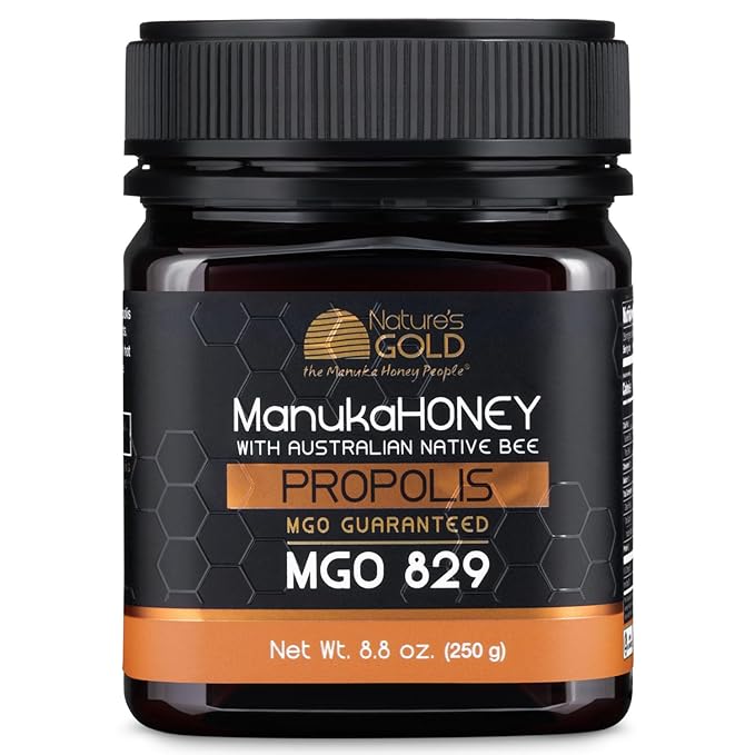 Nature’s Gold Raw Manuka Honey with Australian Native Bee Propolis, MGO 829+ | 8.8oz (250g), 100% Pure Genuine Traceable Hive to Home