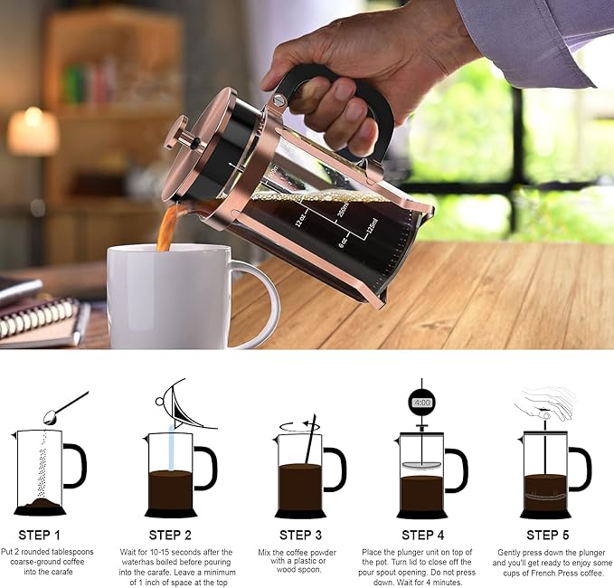 QUQIYSO Coffee Maker 304 Stainless Steel French Press with 4 Filter, Heat Resistant Durable, Easy to Clean, Borosilicate Glass Coffee Press, 100% BPA Free Teapot, 21 ounce, copper