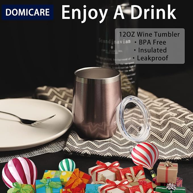 DOMICARE Stainless Steel Wine Tumbler Bulk with Lid, Personalized Rose Gold Insulated Tumblers Set, 12oz Travel Coffee Cups Pack of 8